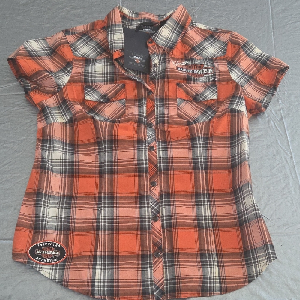 Harley-Davidson Orange Plaid Short Sleeve Button-Down Shirt
